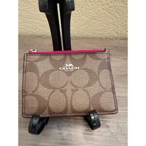 Coach Signature Zip Card Case ID Holder Keychain Brown Canvas Pink Interior